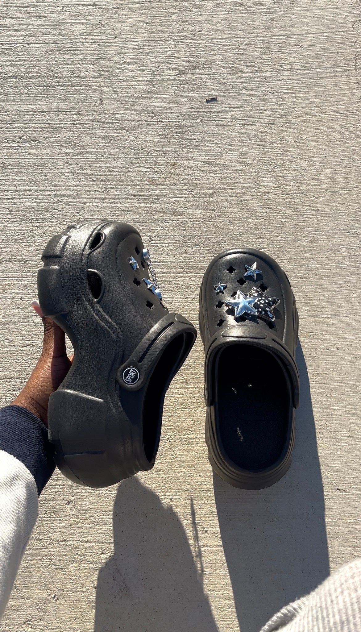 Black Platform Clogs With Silver Charms
