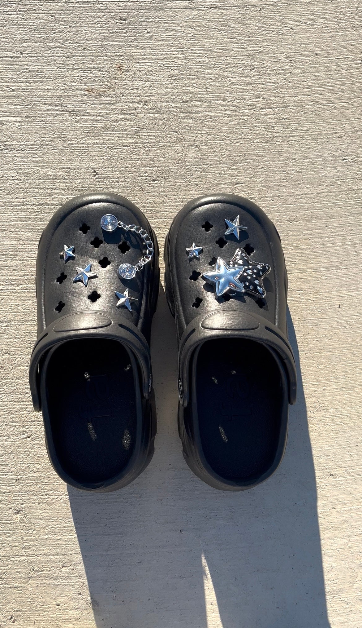 Black Platform Clogs With Silver Charms