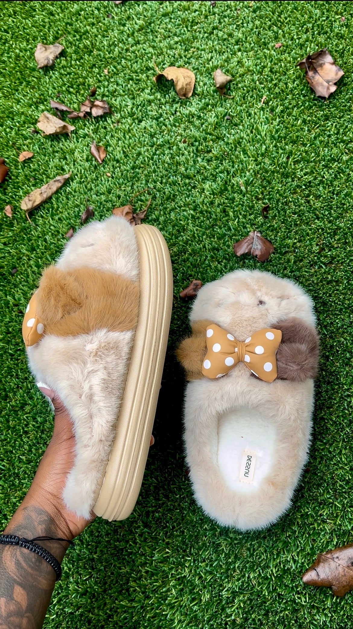 Fuzzy Dog Slippers With Bow