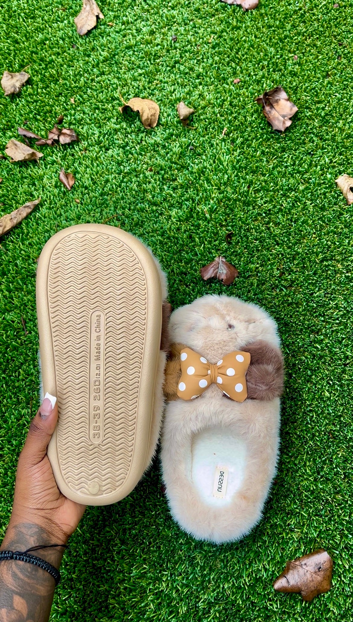Fuzzy Dog Slippers With Bow