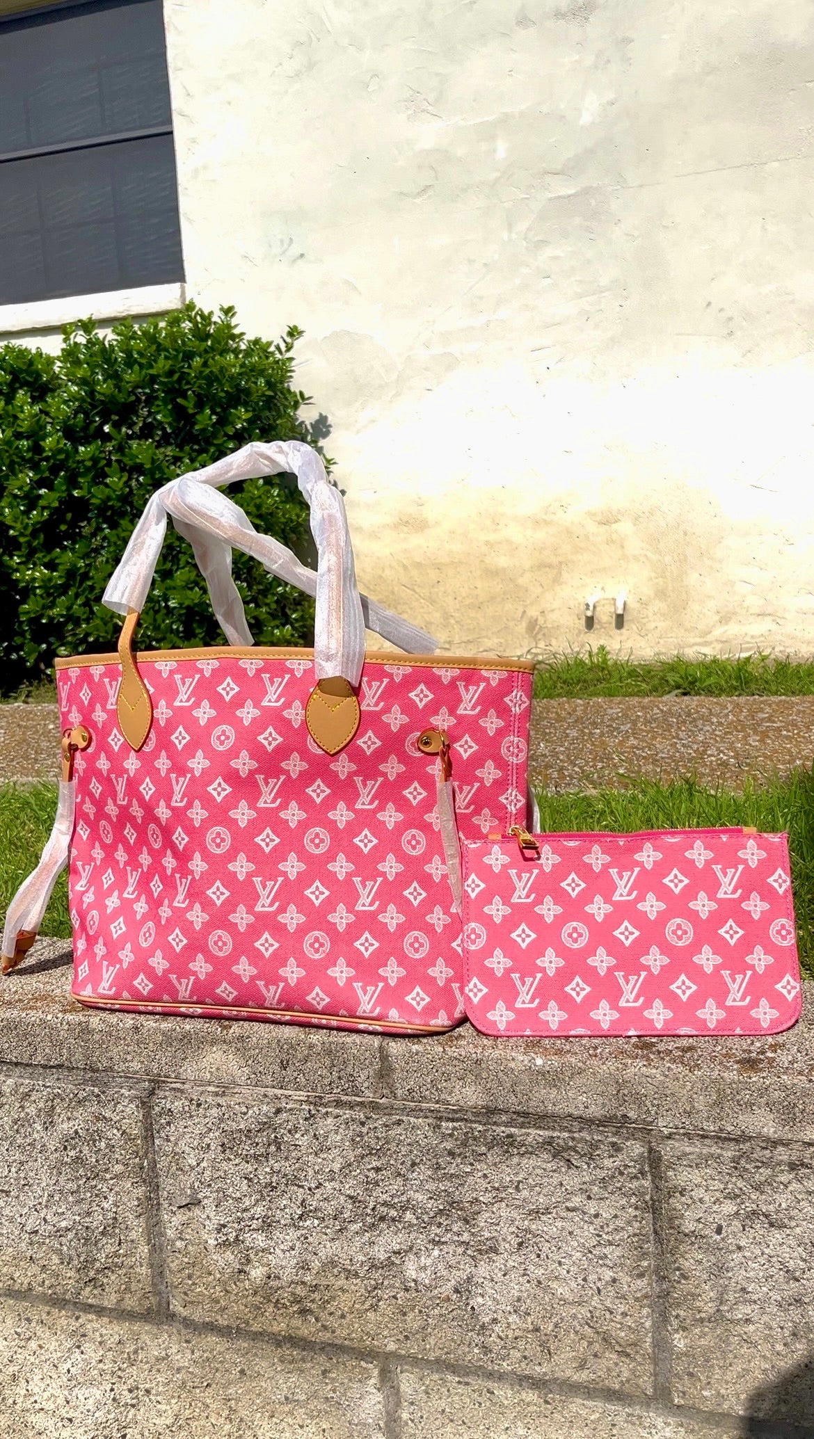 Pink Monogram  Canvas Tote Bag Set